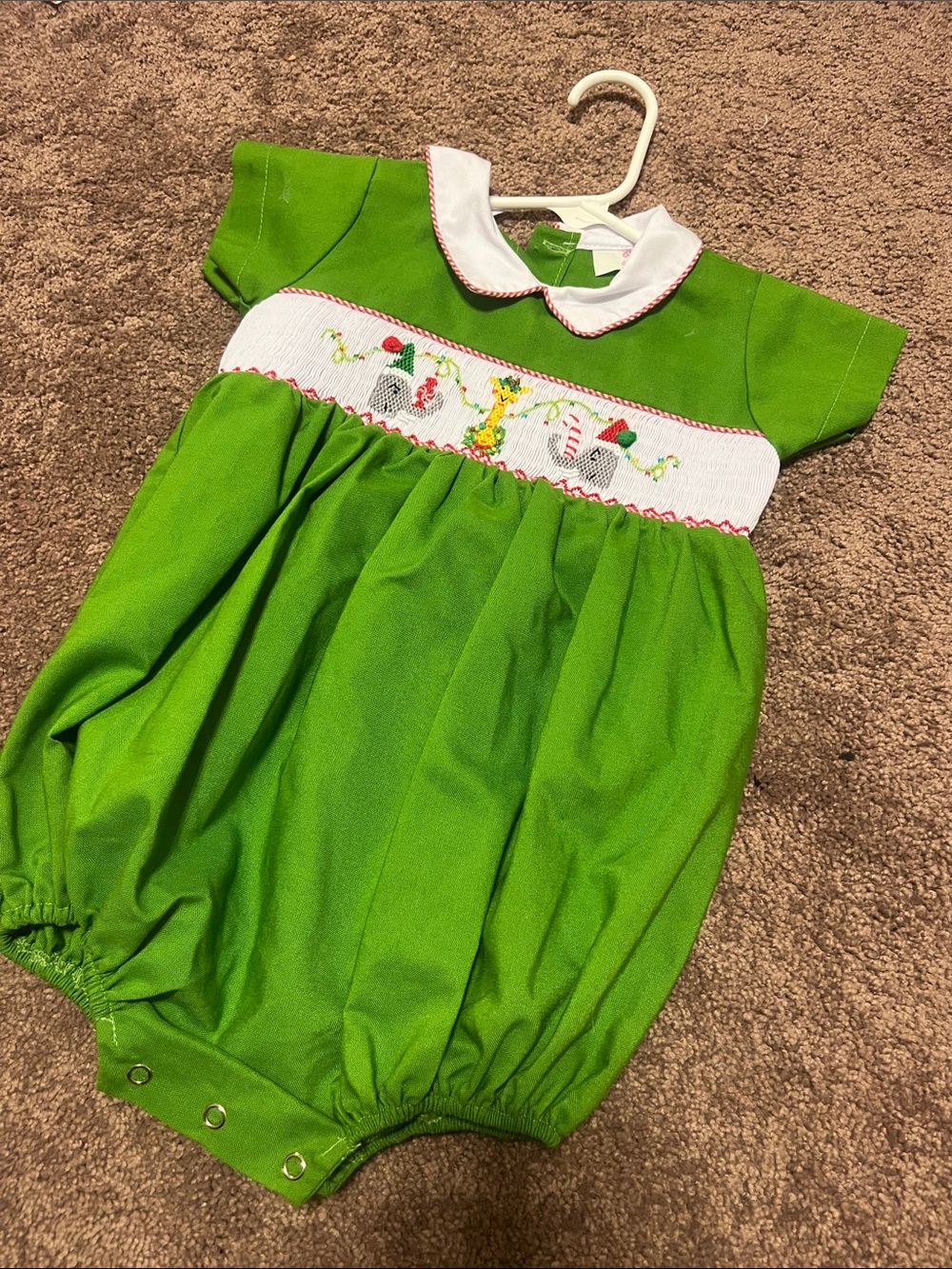 Green Smocked Baby One-Piece with White Collar